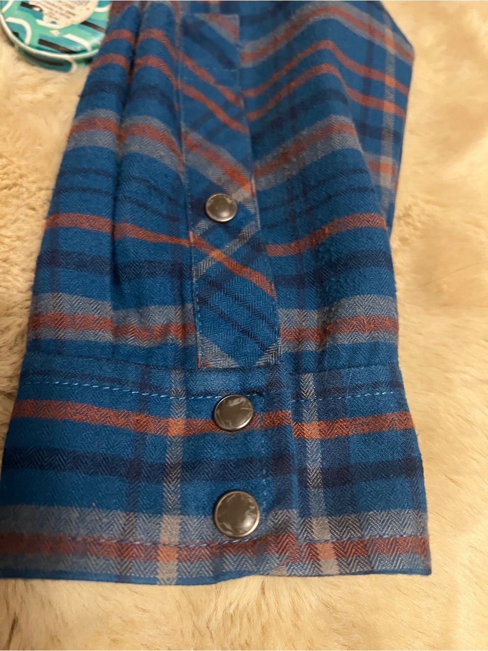 REI Blue and Rust Plaid Button-Down Shirt with Black Yoke - Picture 7 of 11